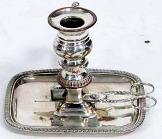 Sheffield plate chamber candlestick complete with snuffer and wick trimmer
